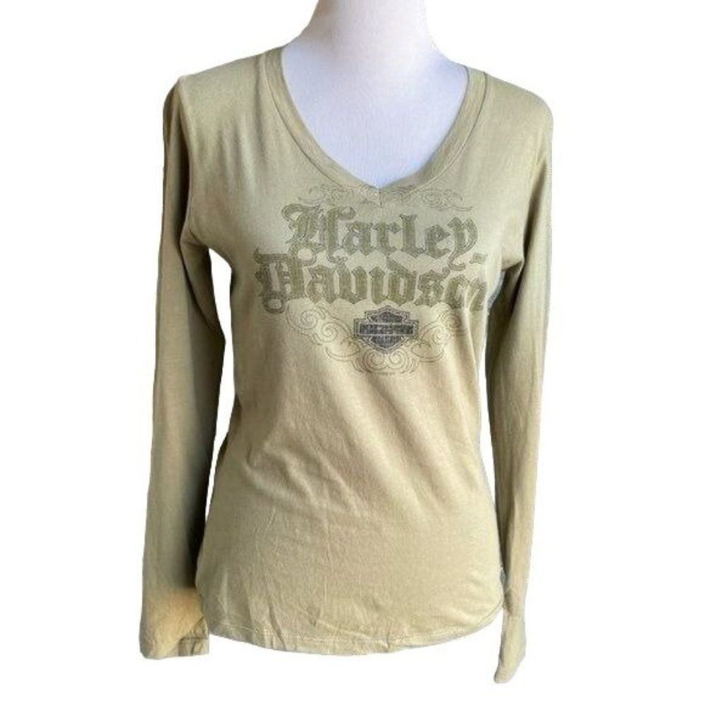 Harley Davidson Women's Green V-Neck Long Sleeved Graphic Tee Denton Texas